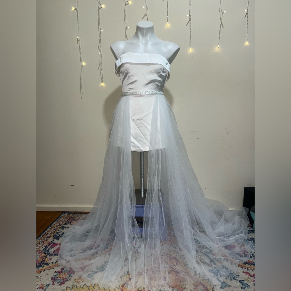 Lulu's White Strapless Mini skort Dress with Sheer Overlay